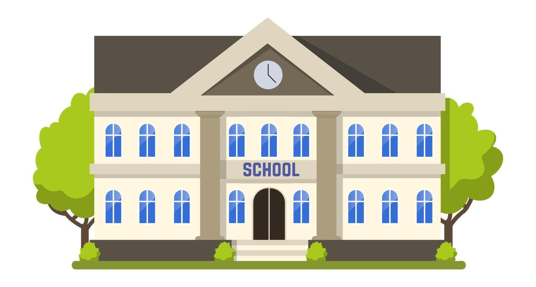 Large school building featuring a clock and trees, representing back to school with modern urban architecture in a college or university campus, illustration in flat style vector