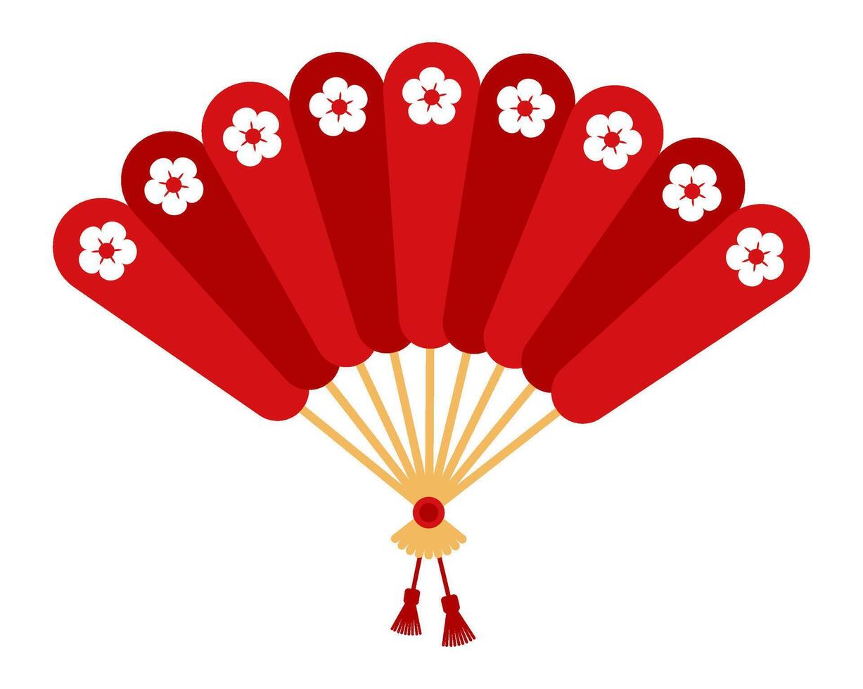 Traditional red Japanese fan, adorned with white flowers and elegant red tassels, beautifully capturing the essence of Japanese culture and timeless traditions. Perfect for various celebrations vector