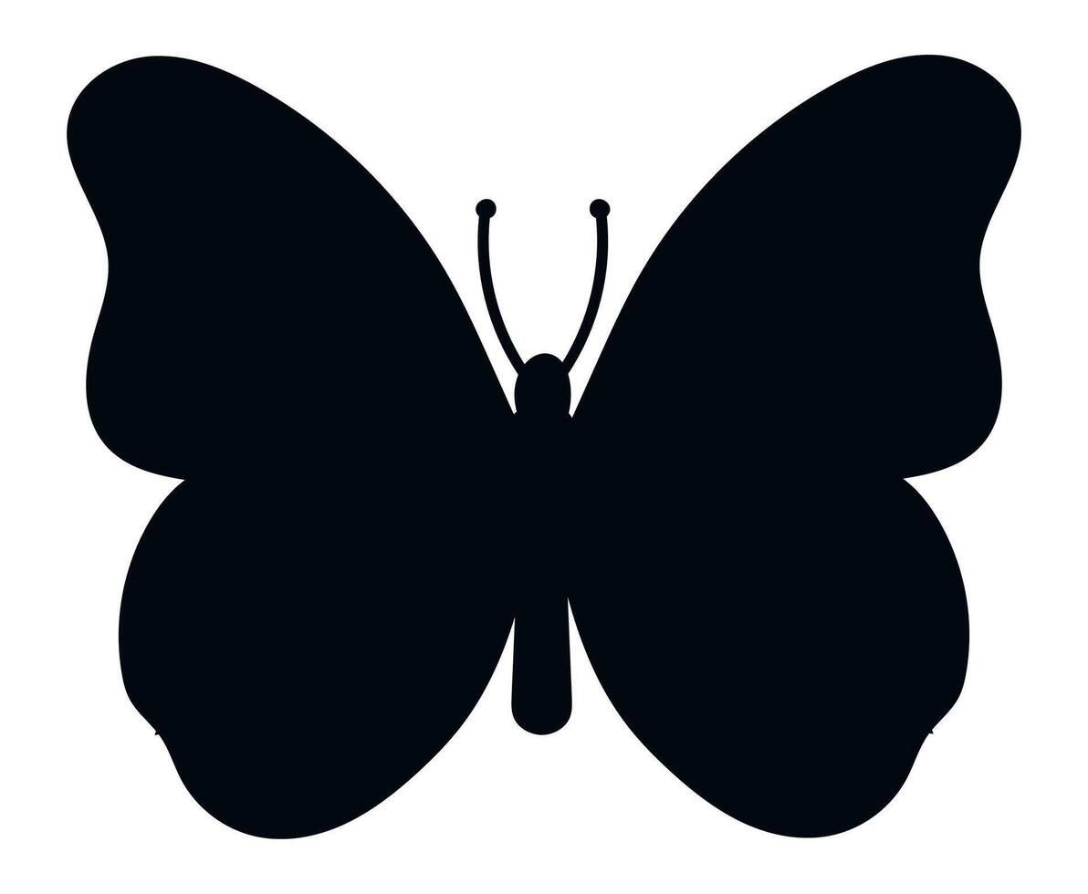 Simple black butterfly silhouette showcasing spread wings, isolated against a white background, representing nature, freedom, beauty, and the journey of transformation vector