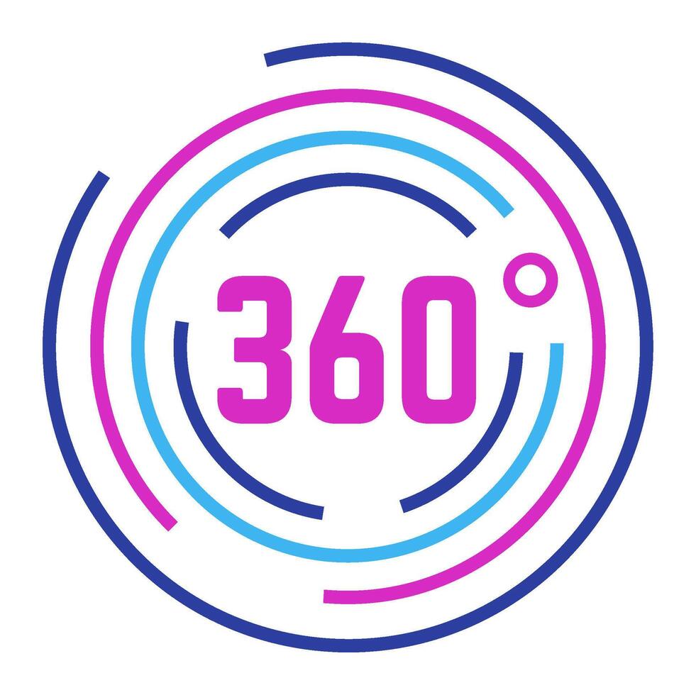 Colorful 360 degree symbol representing full rotation and panoramic views, capturing the essence of virtual and augmented reality experiences in a vibrant, modern design vector