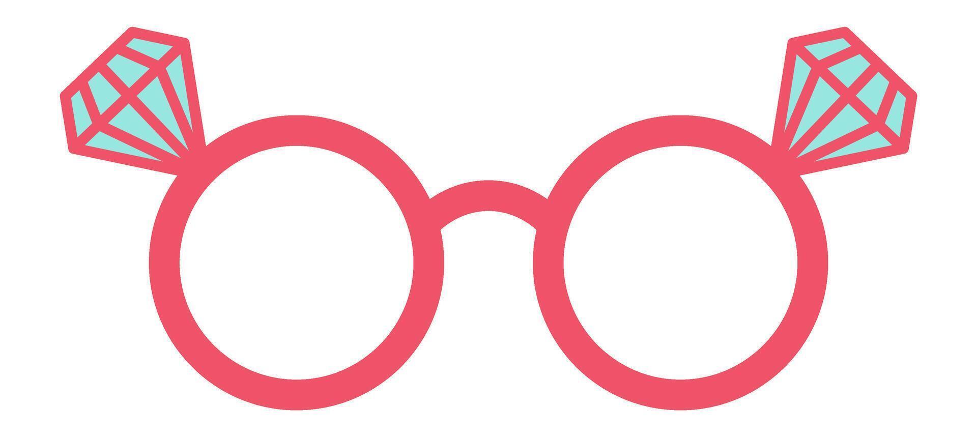 Funny pink glasses adorned with two engagement rings, celebrating a bachelorette party and embodying themes of love, commitment, and the excitement of upcoming marriage vector