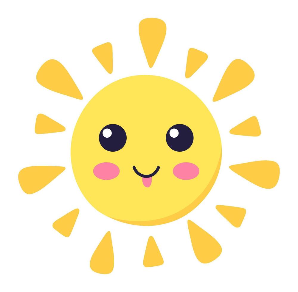 Cartoon representation of sun with big eyes and pink cheeks, sticking its tongue out in a playful and cheerful way, isolated on white background vector