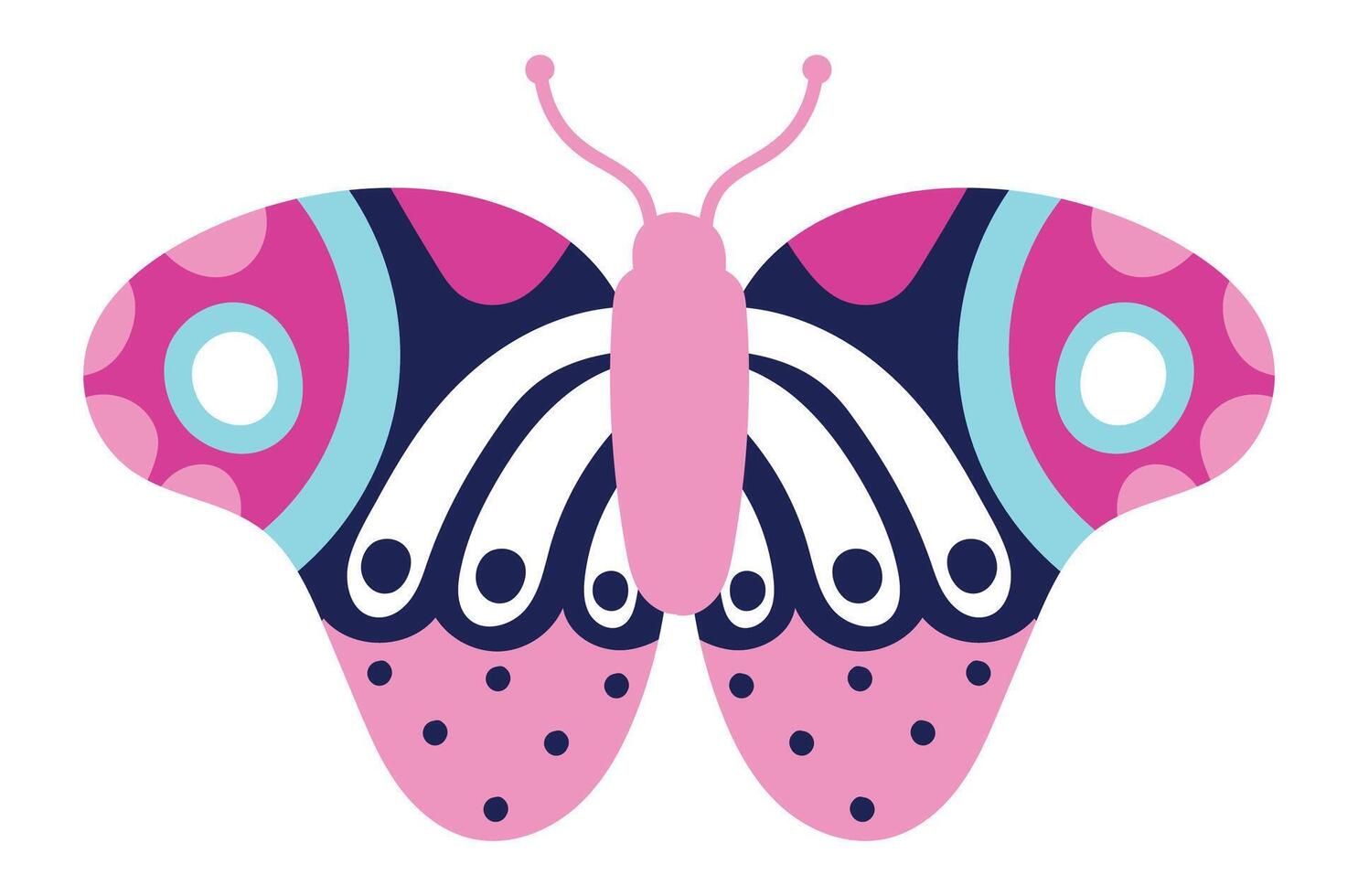 Featuring a pink, white, blue, and dark blue butterfly with intricate decorative patterns on its wings and antennae, presenting a vibrant and elegant design vector