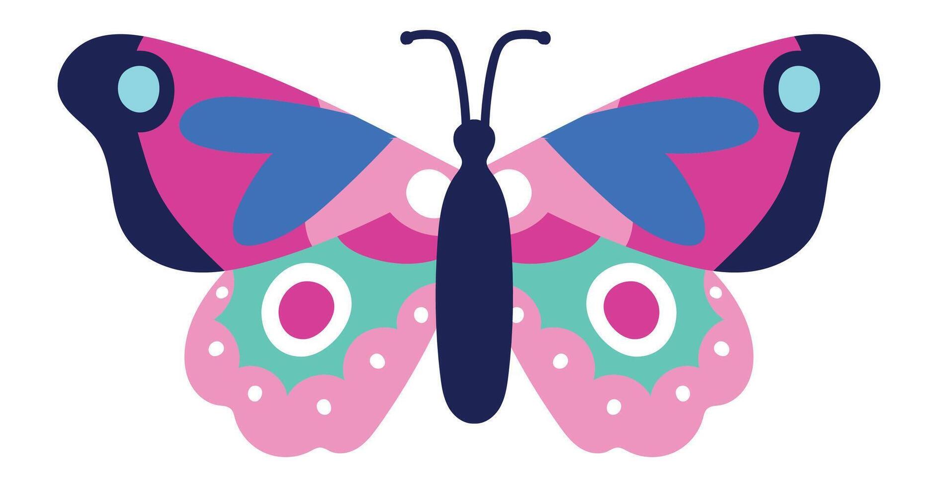 Brightly colored butterfly with open wings displays an intricate pattern of pink, blue, green, and white, creating a visually appealing design vector