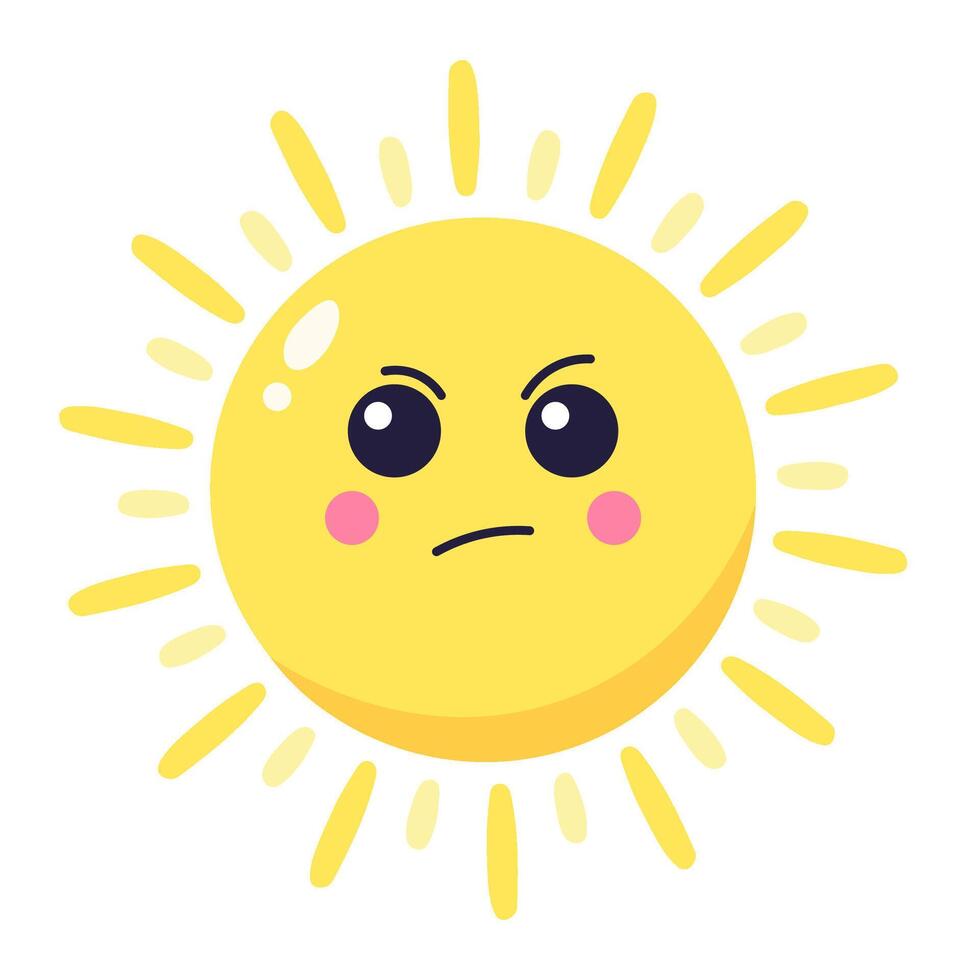 Cartoon sun character displaying anger with furrowed brows and a stern gaze, expressing negative emotions linked to heat and intense summer sunlight vector