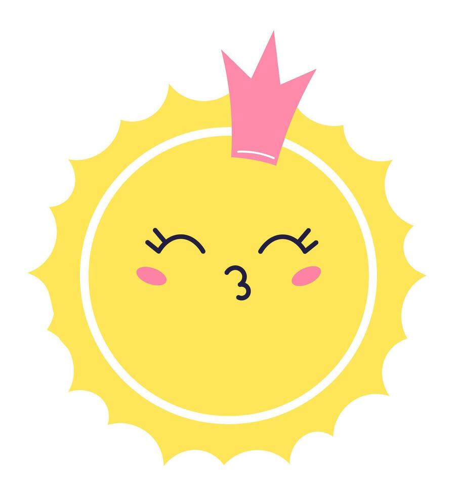 Yellow sun character wearing pink crown sending kiss with closed eyes, cheeks blushing, simple flat illustration isolated on white background vector