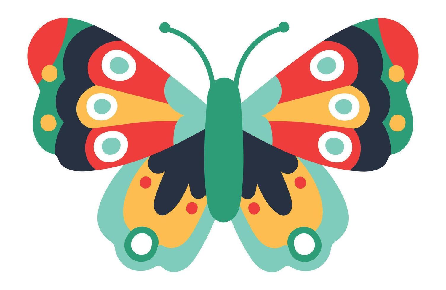 Cartoon style drawing of a butterfly with multicolored symmetrical wings, featuring red, green, yellow, black, and white, with small circles and dots, conveying a sense of joy and nature's beauty vector