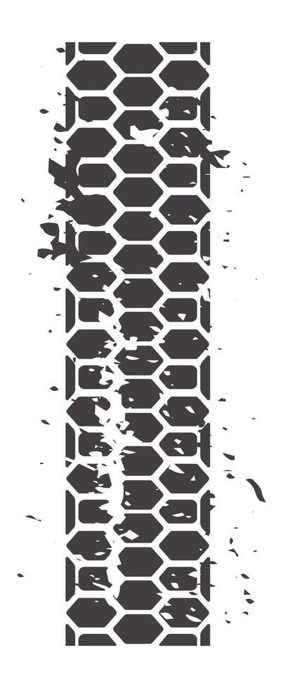 Dark tire track with a hexagonal pattern is imprinted on a white background, leaving a grunge, textured mark, suggesting movement and rugged terrain vector