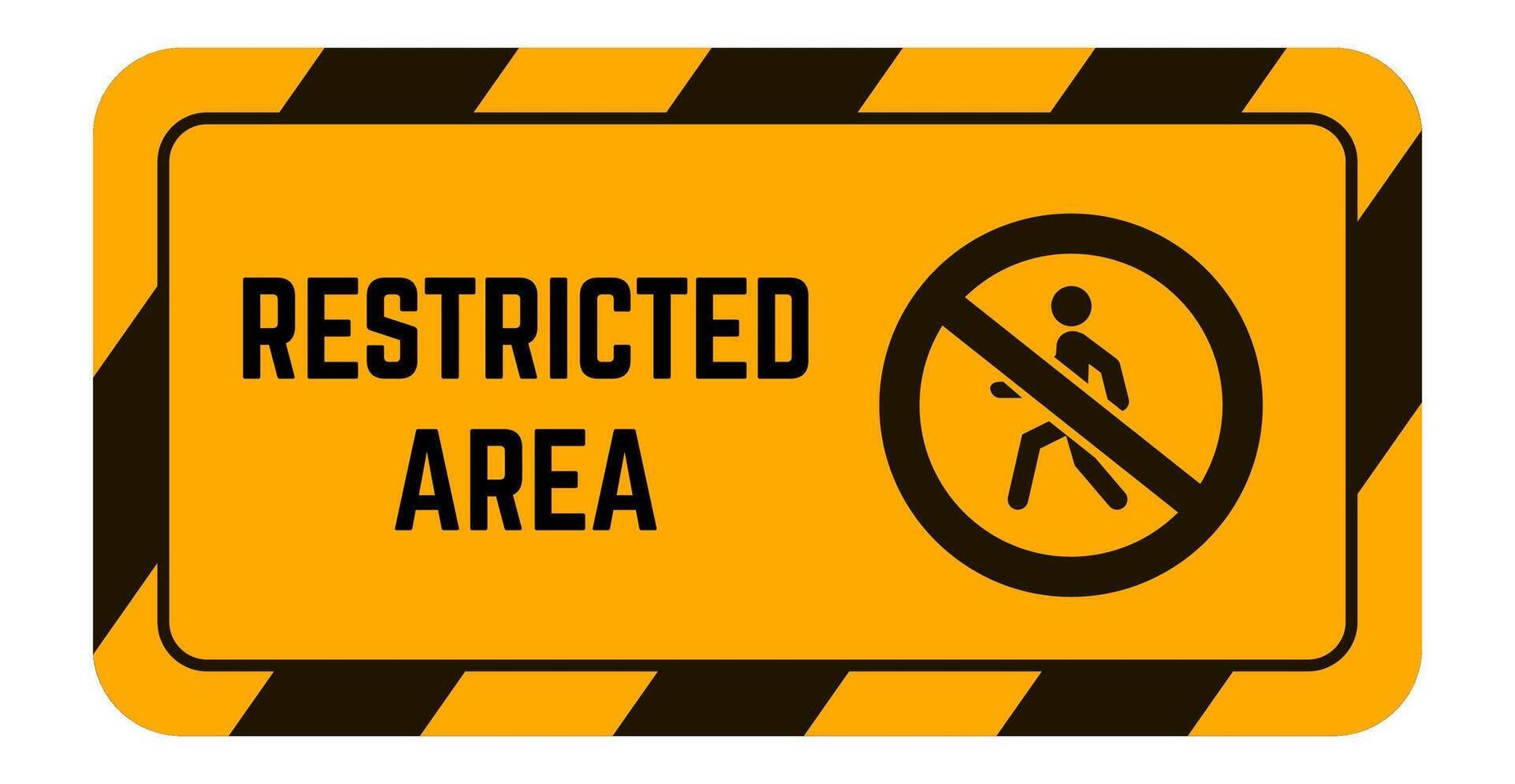 Horizontal rectangular sign indicating a restricted area, featuring bold black text on an orange field with black and yellow diagonal stripes and a black no walking symbol vector