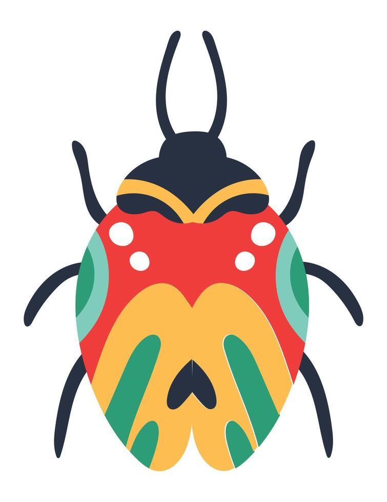 Colorful bug with decorative patterns featuring a red, yellow, and green body, black head and legs, and white spots, creating a vibrant and whimsical image on a white background vector