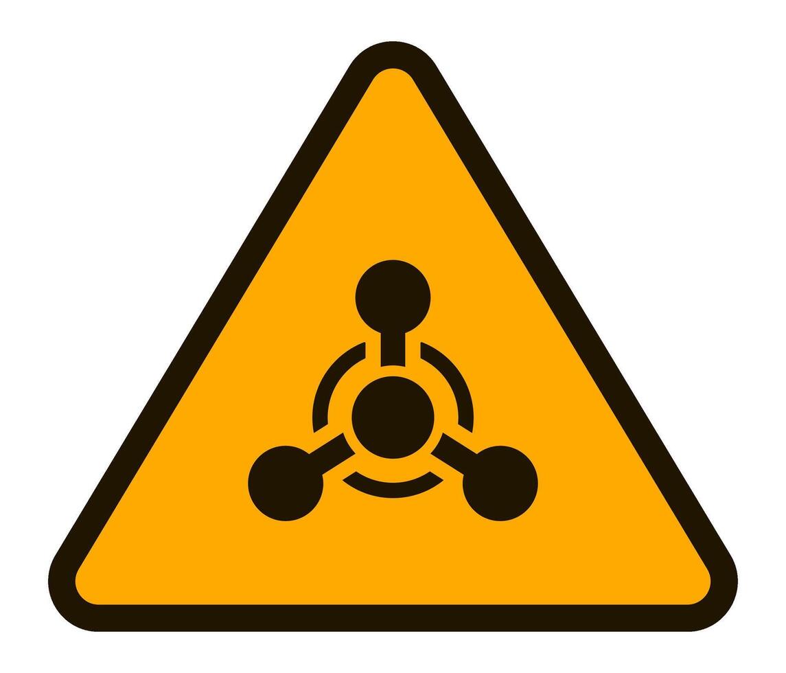 Yellow triangular warning sign featuring a stylized molecular structure, indicating the presence of hazardous chemical substances requiring caution and safety measures vector