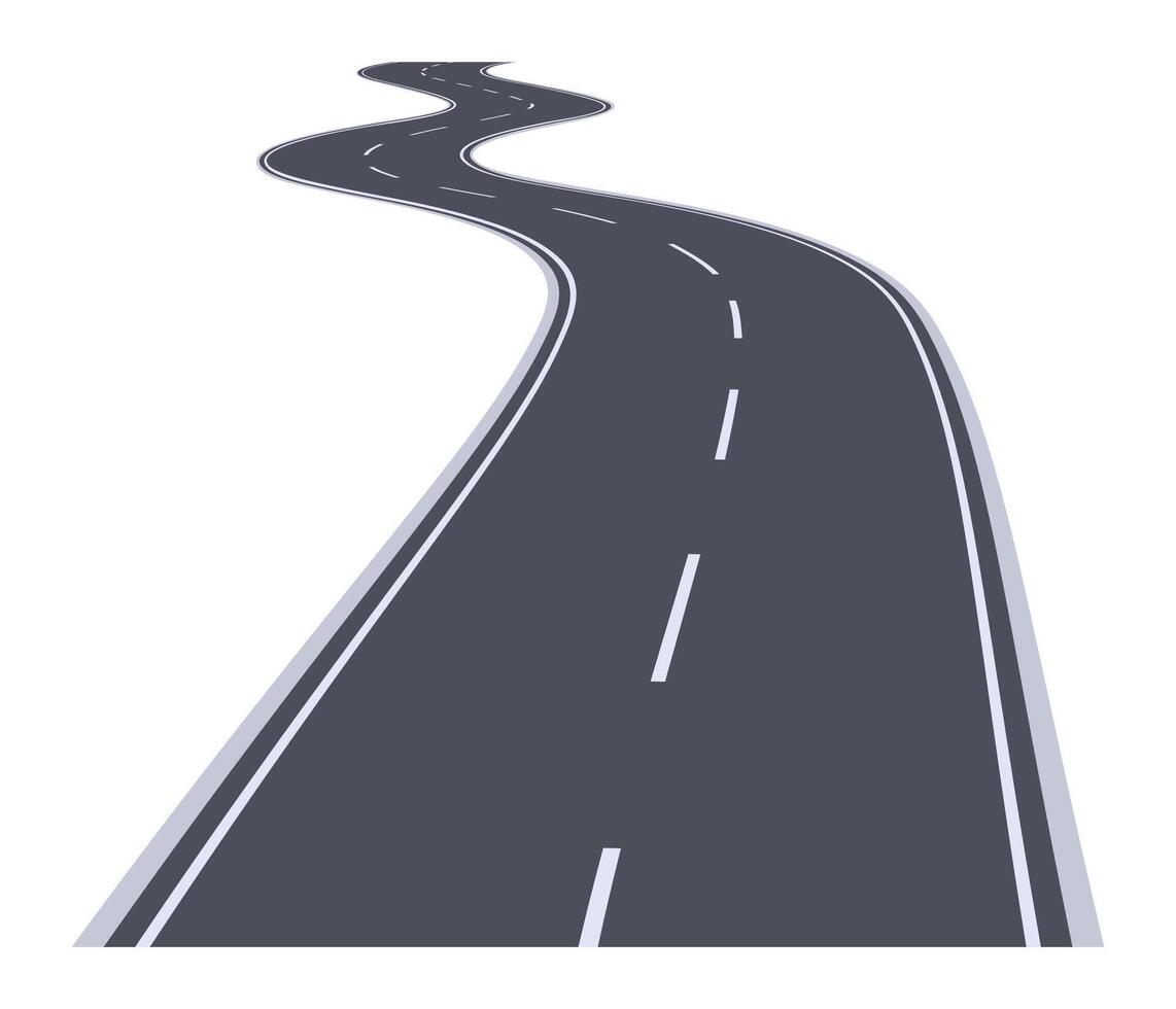 Long and winding road disappearing into the distance with white stripes and shoulders on a white background, representing concepts such as journey, travel, and transportation vector