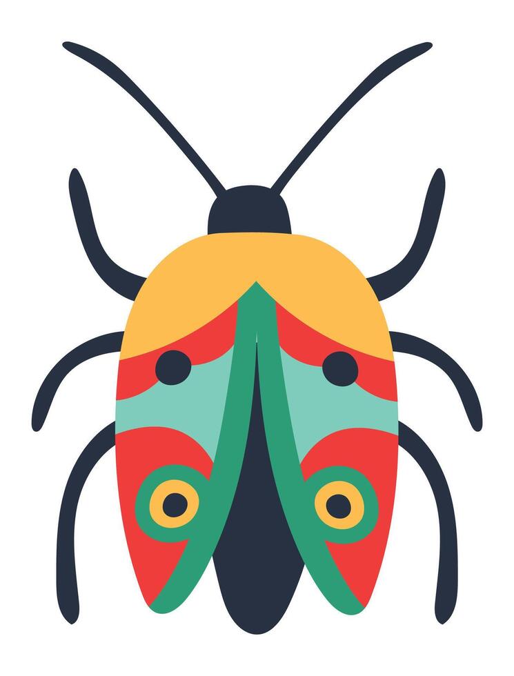 Colorful bug spreading its wings with vibrant colors and intricate patterns, perfect for children's books, nature illustrations, or whimsical design projects vector