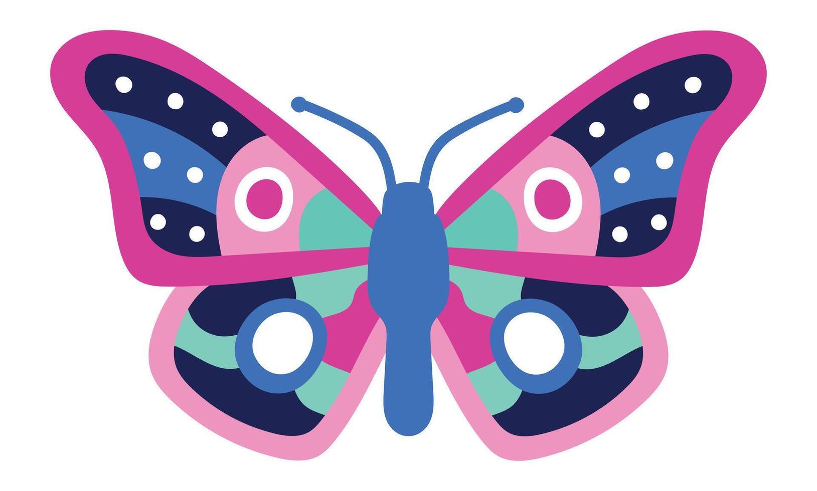 Colorful butterfly with pink, blue, and green patterns on its wings creates a visually appealing design, suitable for various creative projects vector