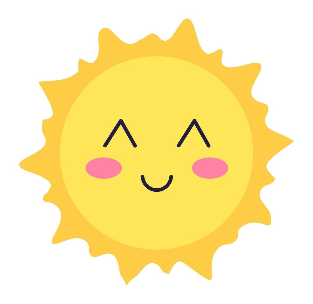 Cartoon sun with closed eyes, smiling and blushing, radiating happiness and joy, capturing the essence of summer vibes and cheerful energy in a playful, adorable style vector