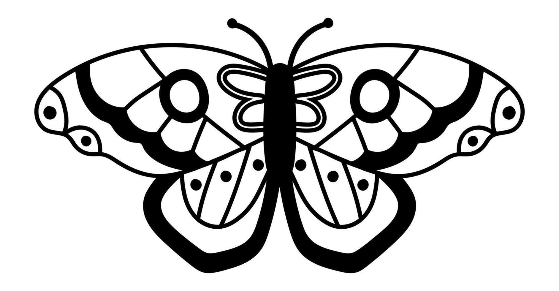 Butterfly with big wings featuring circles, dots and lines creating an intricate and symmetrical design, ideal for nature lovers and tattoo enthusiasts vector