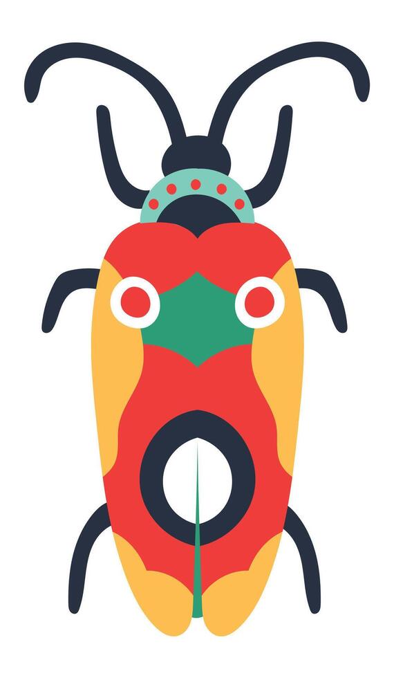 Colorful bug with long antennae and decorative patterns is standing still on a white background, viewed from above, showcasing its vibrant colors and intricate design vector
