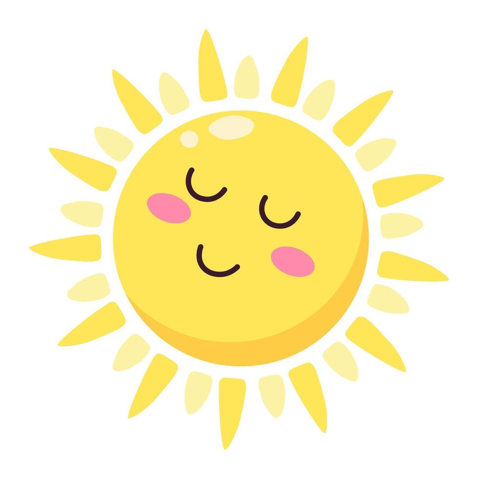 Cartoon illustration of a kawaii sun character with closed eyes, rosy cheeks and a gentle smile, evoking feelings of warmth, happiness, and summer vibes vector
