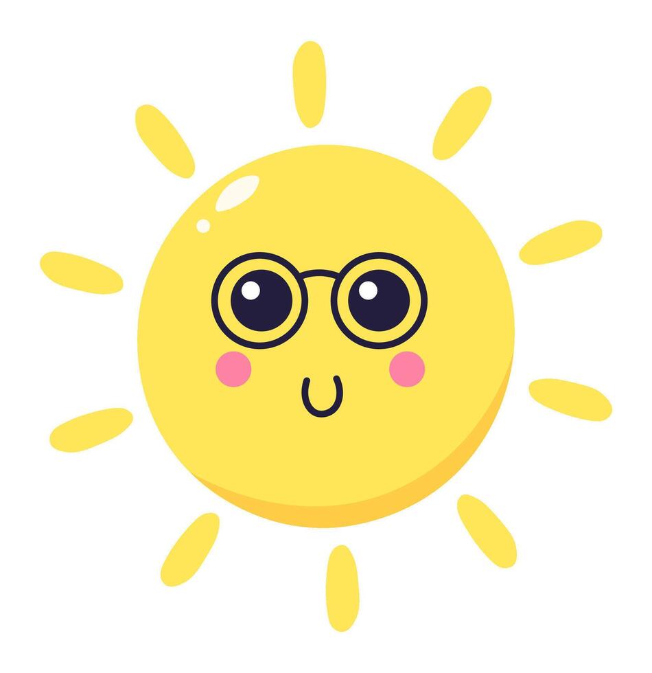 Cartoon sun wearing round eyeglasses beams joyfully while shining brightly, spreading warmth and cheer on a delightful summer day filled with sunshine and happiness vector