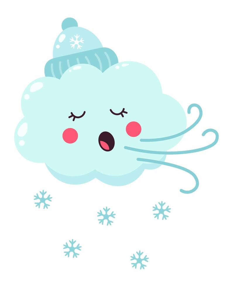 Light blue cartoon cloud wearing a cozy winter hat, featuring a cheerful face, blowing snowflakes and a gentle breeze, creating a whimsical winter atmosphere vector
