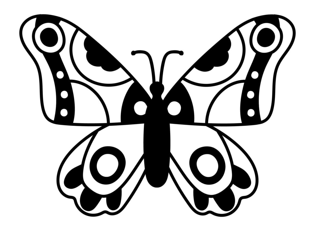 Butterfly with big wings and big circles, black and white drawing representing a butterfly with open wings, perfect graphic for simple designs vector