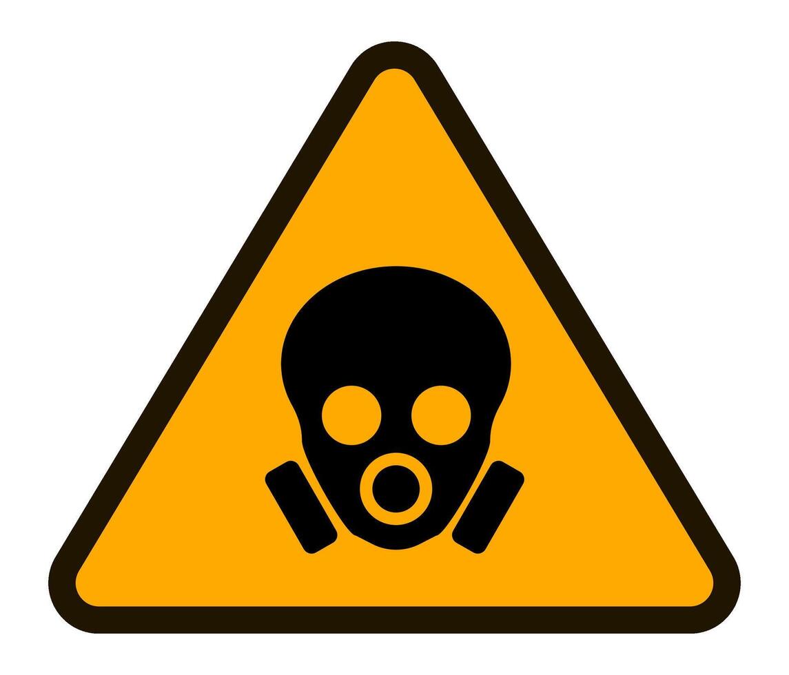 Orange triangular warning sign featuring a skull wearing a gas mask, symbolizing the presence of hazardous materials and the need for respiratory protection vector