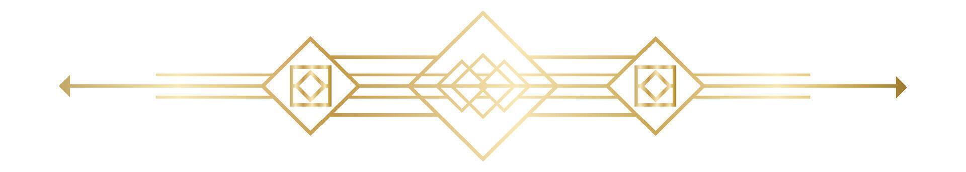 Horizontal golden art deco ornament pointing to the left and right, with geometric shapes such as rhombus, squares and lines, ideal for elegant and luxurious projects vector