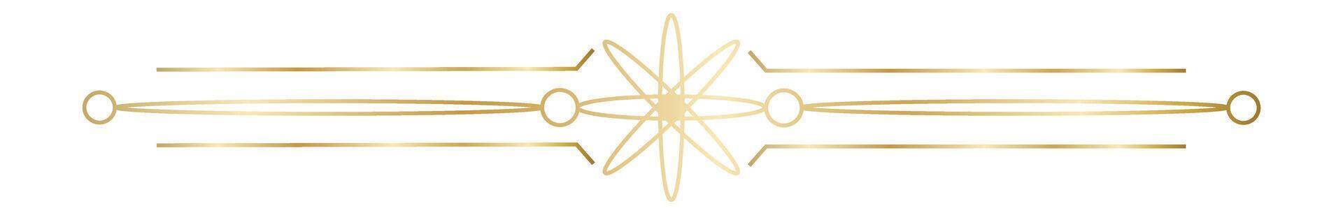 Golden geometric divider with lines, circles and star shape creating an elegant design, ideal for invitations, diplomas, certificates and other graphic design projects vector