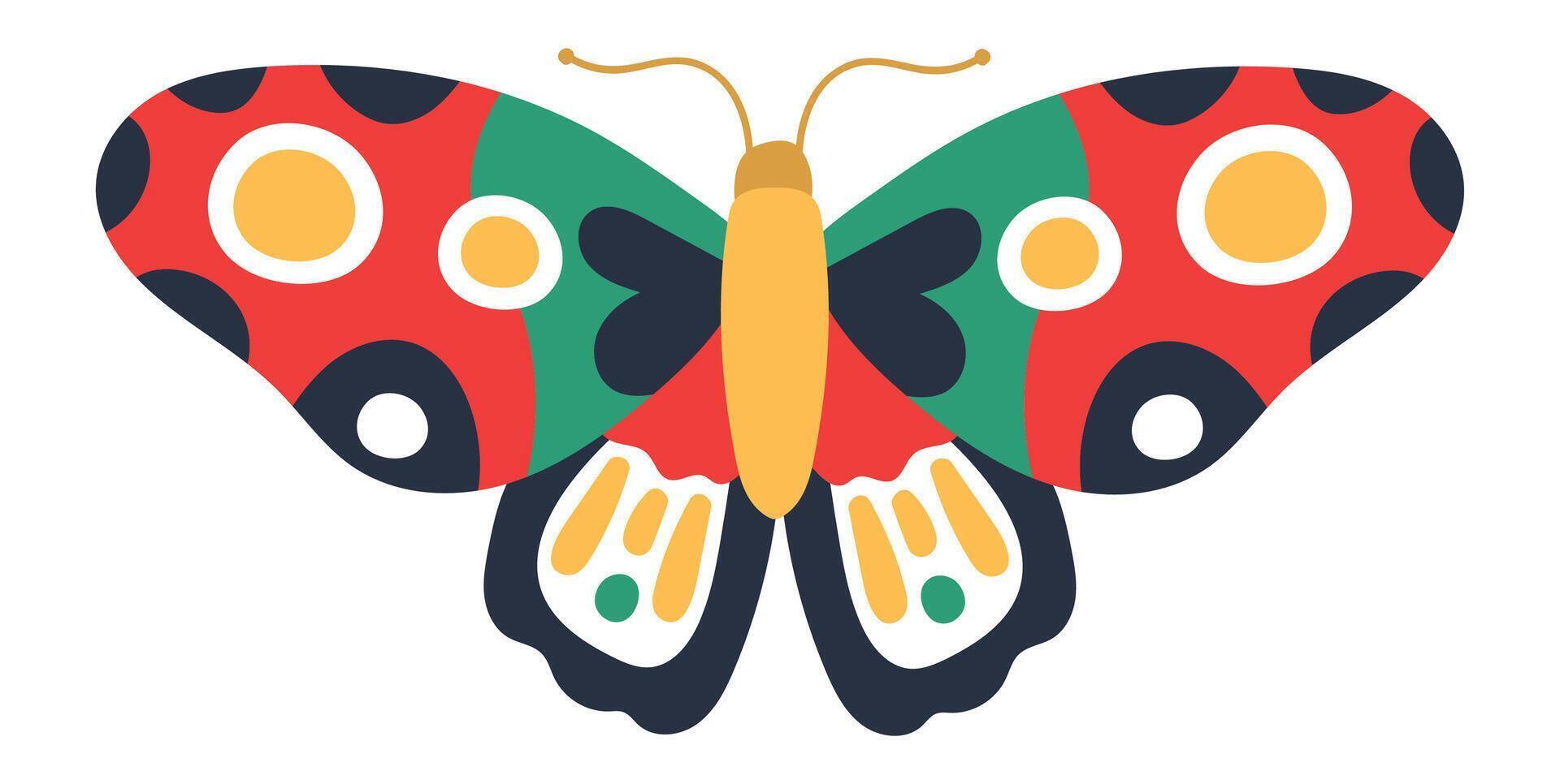 Brightly colored butterfly with large decorative wings featuring red, green, and yellow patterns, circles, and dots, creating a vibrant and eye catching design vector