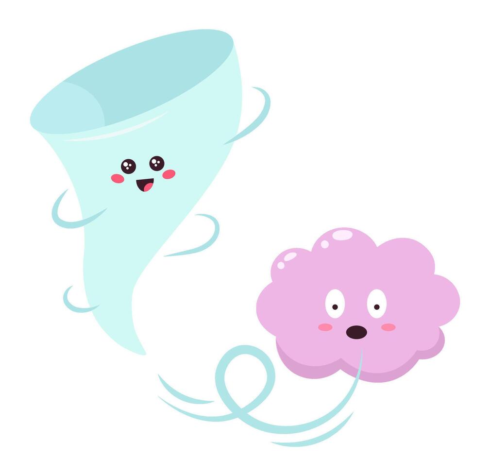 Happy cartoon tornado is chasing a scared cartoon cloud, both with funny faces, illustrating weather phenomena, meteorology concepts, in a kawaii style, with swirling wind vector