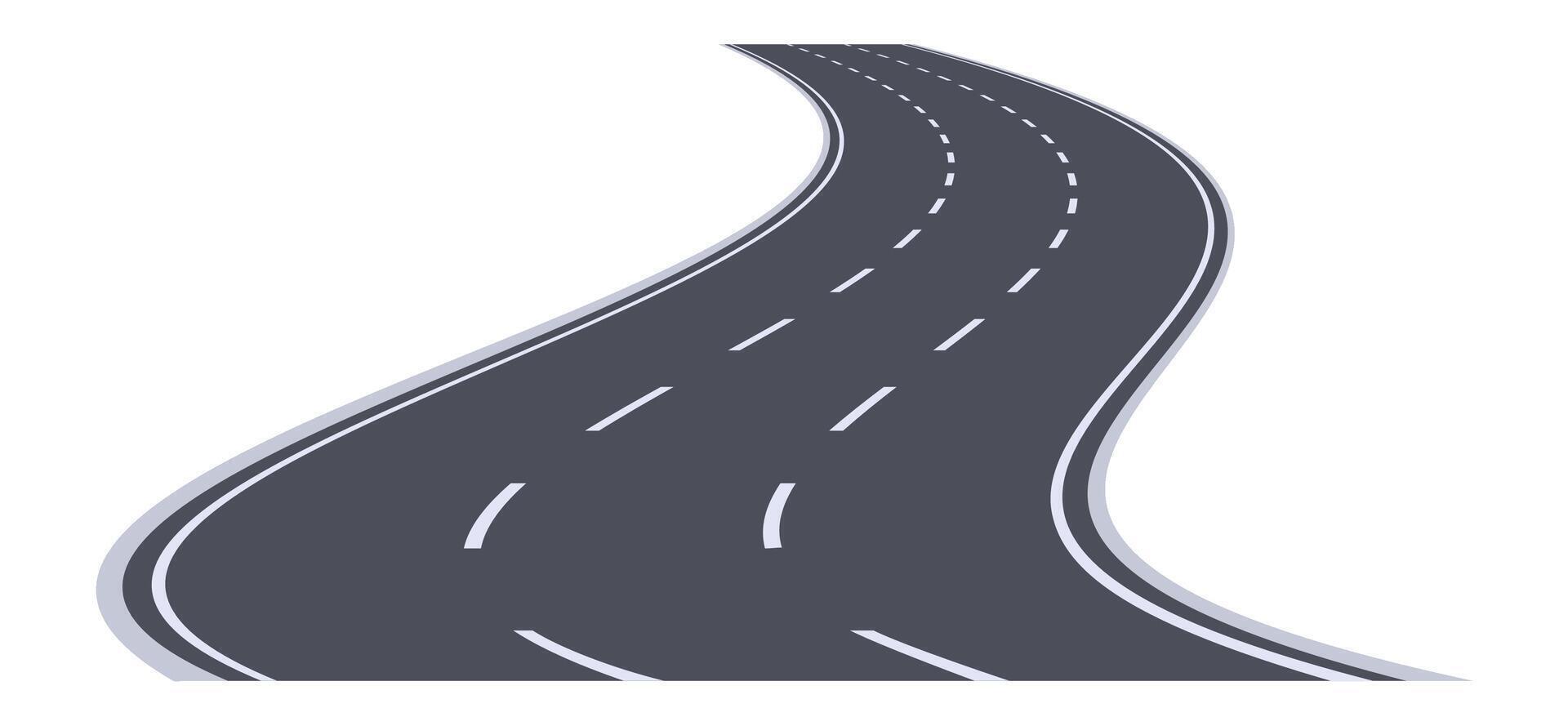 Winding highway disappearing into the distance with white dashed lines on a white background representing travel, journey, and transportation vector