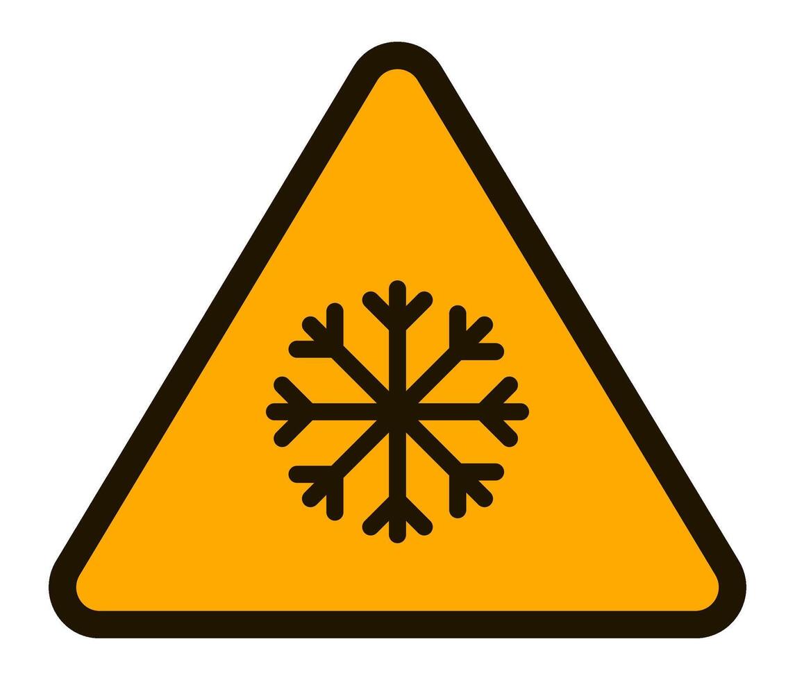 Flat illustration of a yellow triangular warning sign for low temperatures, featuring a black snowflake symbol on a white background, perfect for safety communication vector