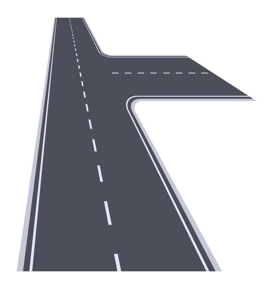 Straight road splitting into two directions at a crossroad, symbolizing choices and paths in life with white dashed lines on gray asphalt vector