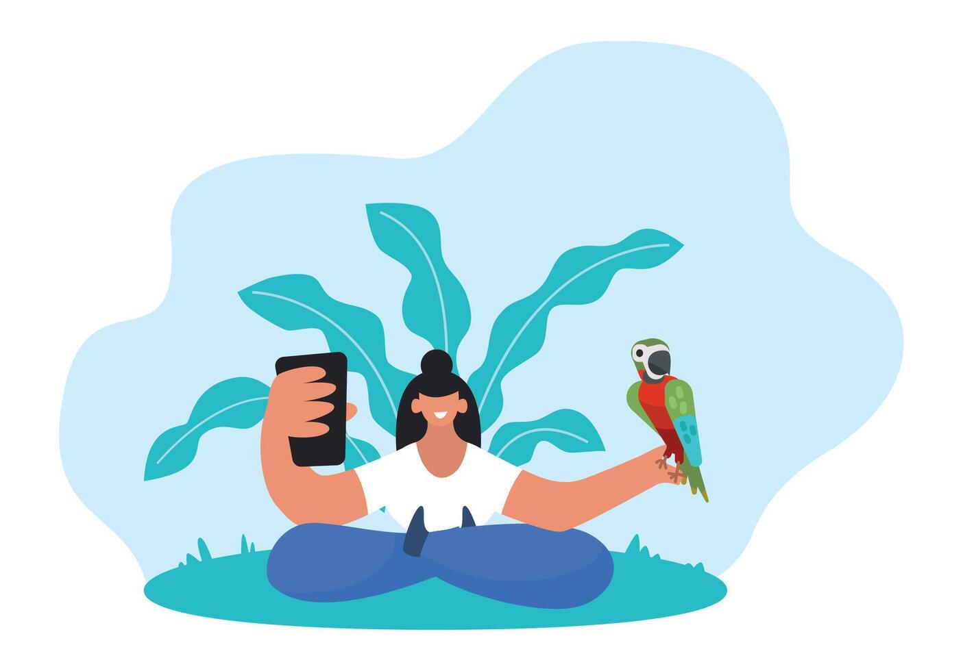 Young woman holding a smartphone and a parrot sitting in a lotus position on grass with large leaves behind her, enjoying a moment of connection with nature and technology vector