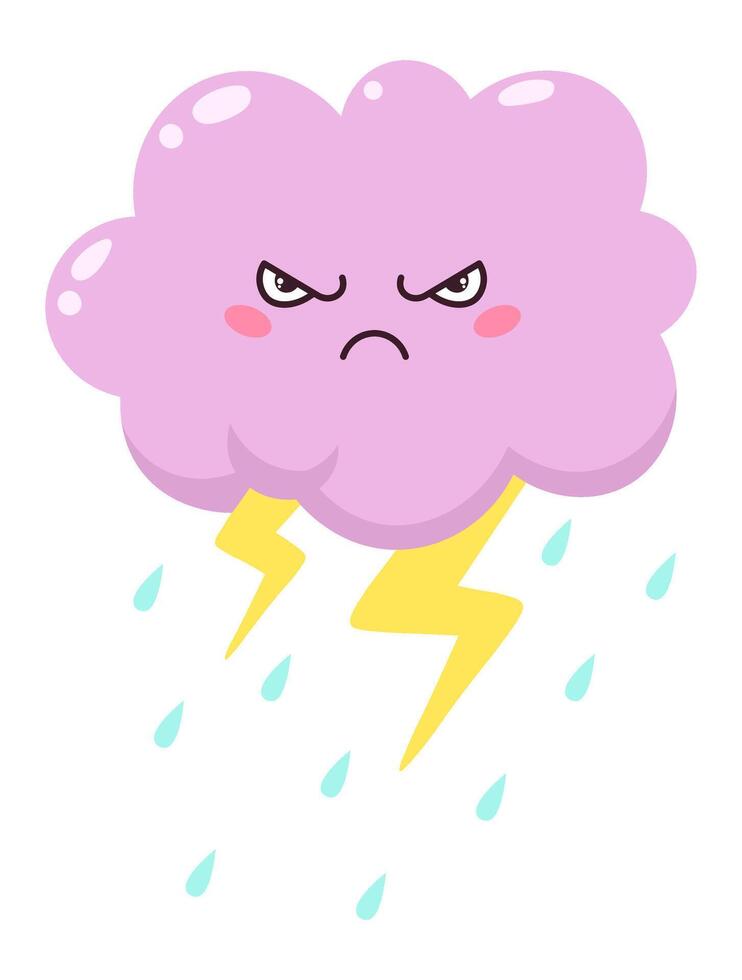 Cartoonish, angry pink cloud raining heavily while throwing bolts of lightning, creating a dynamic and stormy atmosphere filled with energy and emotion vector