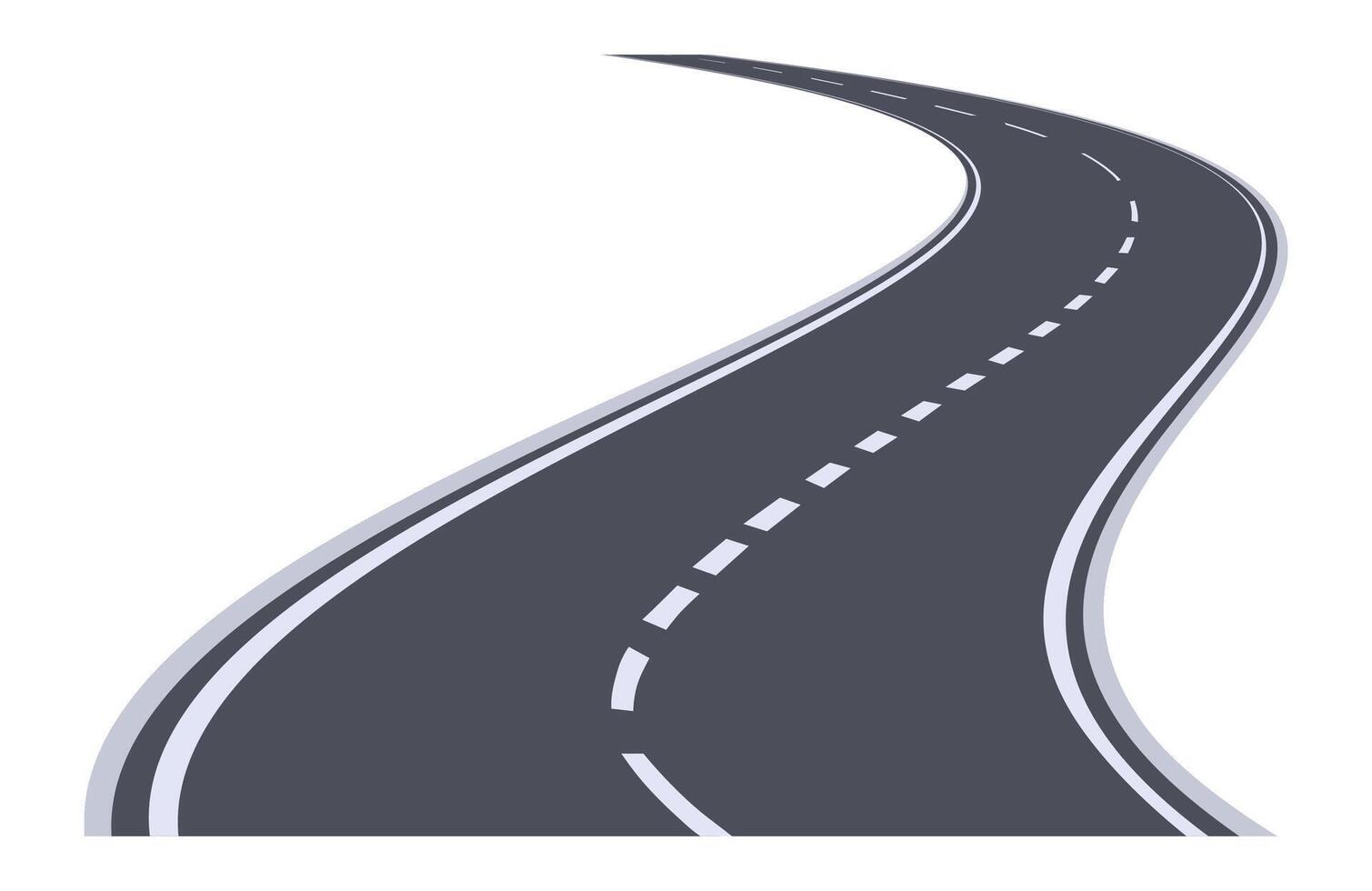Winding highway disappearing into the distance with dashed white lines marking the lanes on a white background, representing concepts of journey, travel, and transportation vector