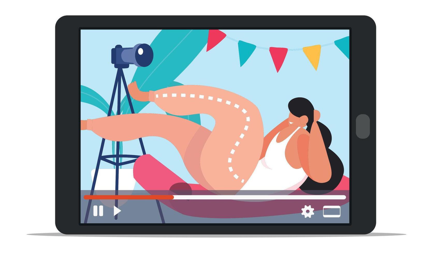 Fitness blogger recording online training with camera on tripod and showing exercises using tablet as monitor during coronavirus covid 19 pandemic restrictions vector