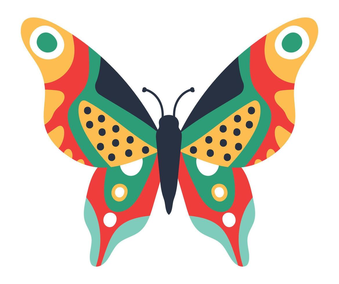 Colorful butterfly with open wings showing a striking and symmetrical design with red, yellow, green, black and light blue colors on a white background vector