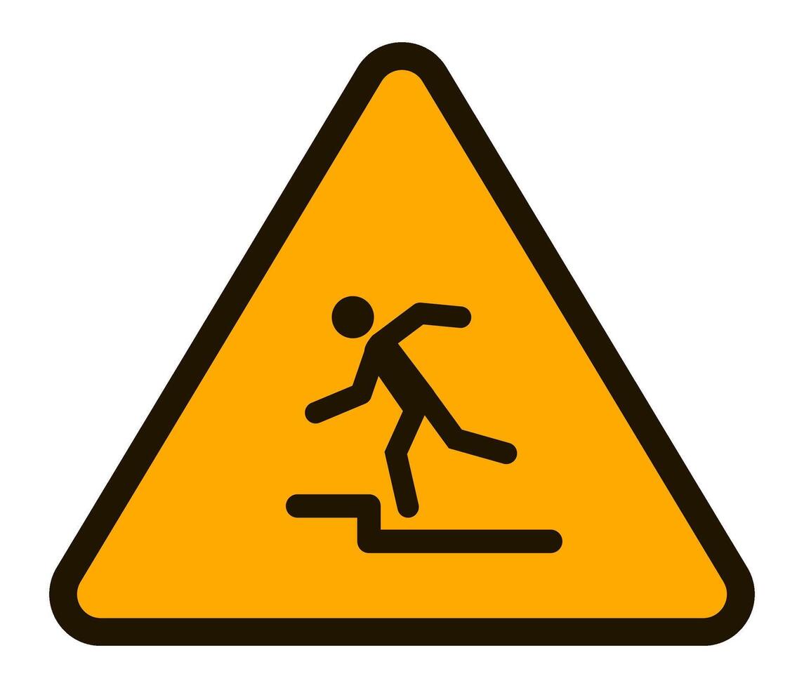 Triangular warning sign featuring a stylized figure stumbling down a step, alerting to potential trip hazards and promoting safety awareness in various environments vector