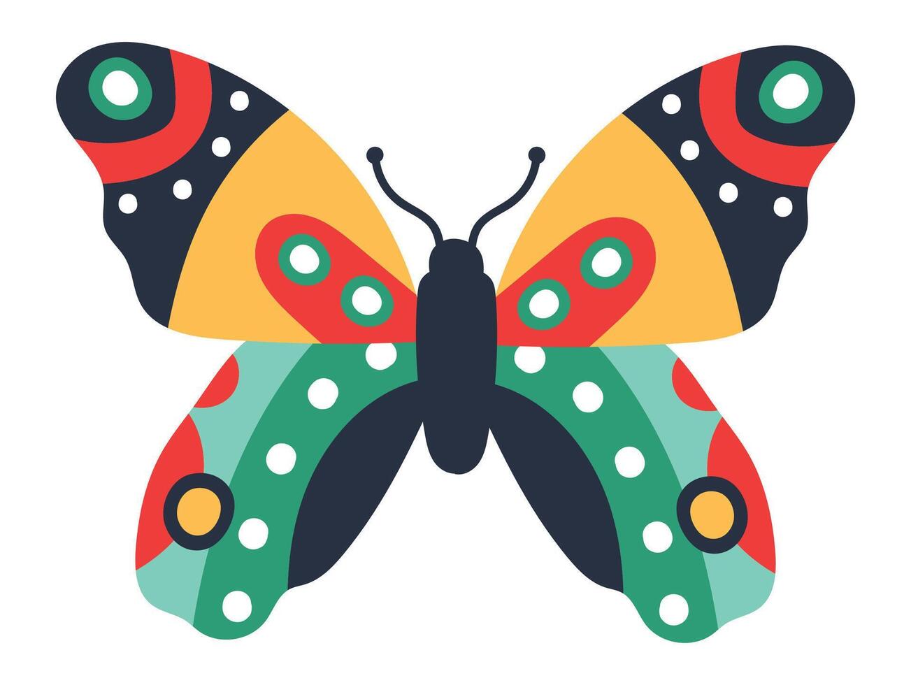 Brightly colored butterfly with open wings showcases a striking design of geometric shapes and patterns, blending nature's beauty with artistic flair vector
