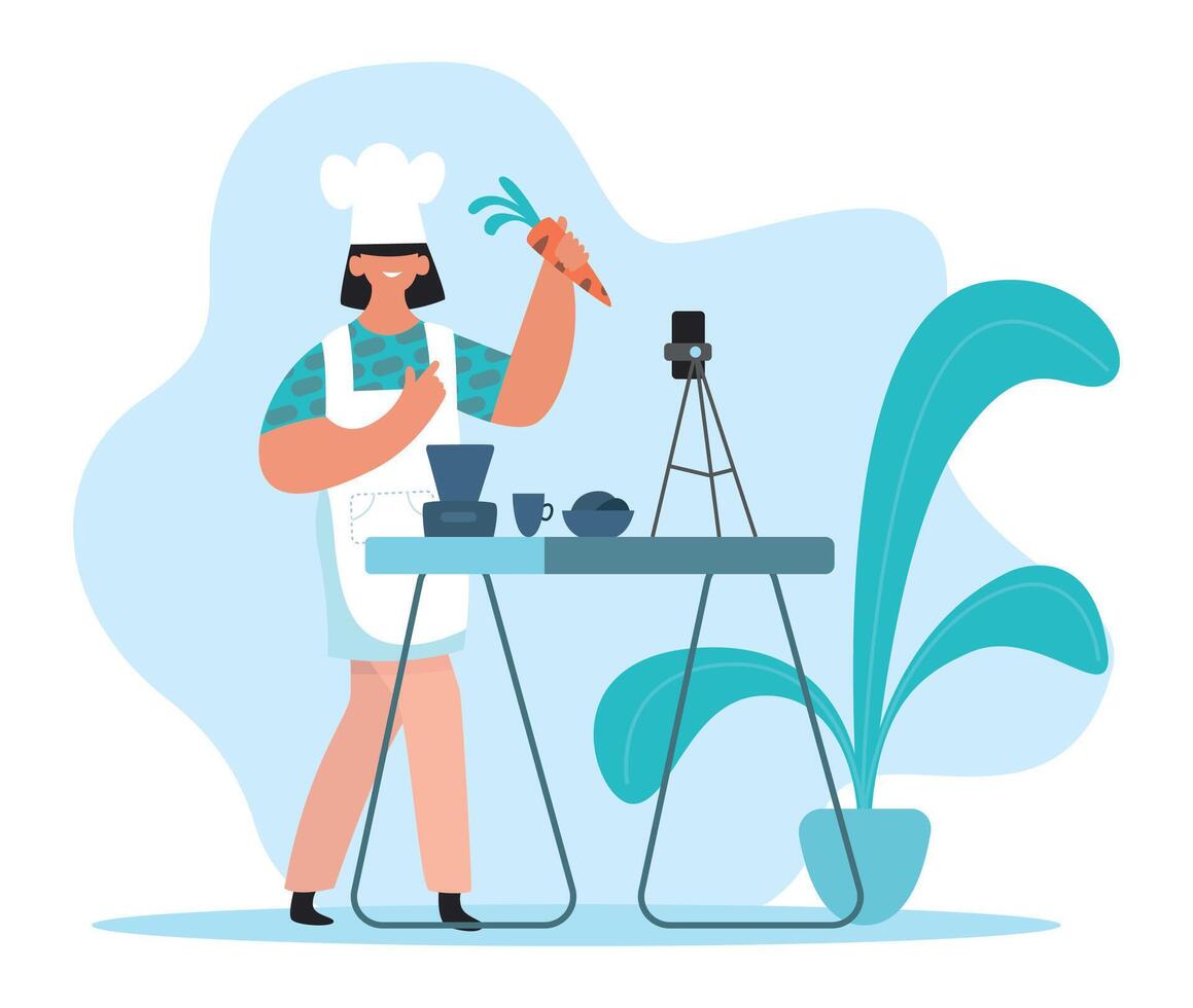 Woman chef vlogger holding carrot and showing thumb up while recording blog about healthy vegetarian food, creating content for her channel vector