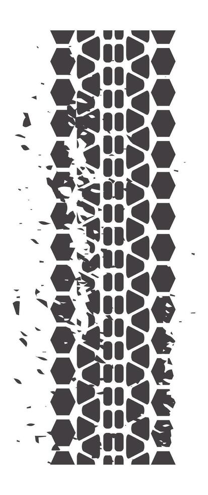 Vertical grunge tire track featuring a hexagonal tread pattern leaves a striking trail on a white background, creating a dynamic, distressed effect that captures movement and adventure vector