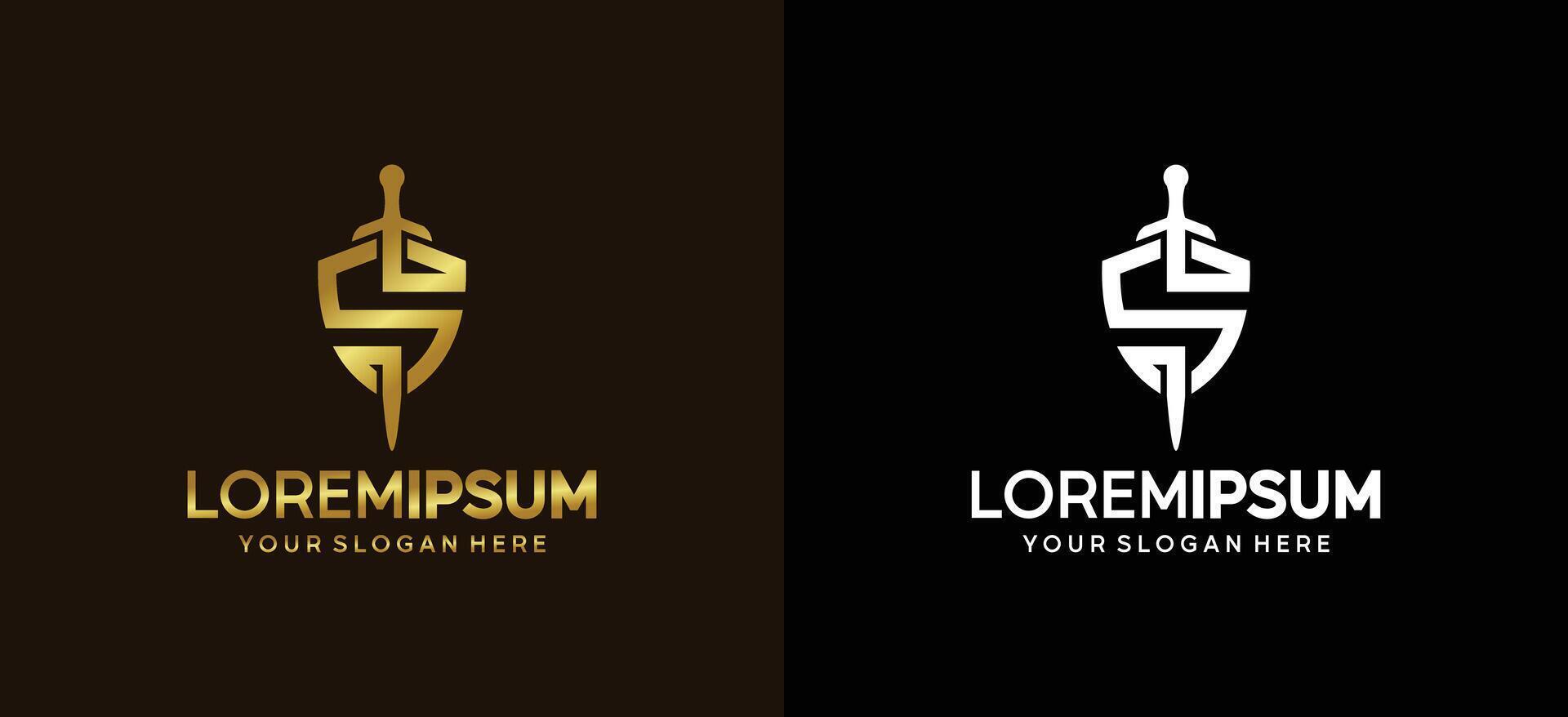 Shield and sword logo design in the shape of the letter S vector