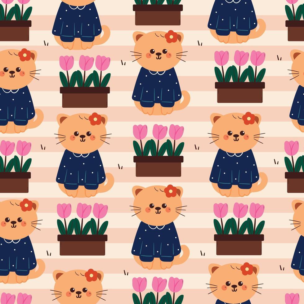 seamless pattern cartoon cat wearing blue shirt with flower pot. cute animal pattern for wallpaper, background and gift wrap paper vector