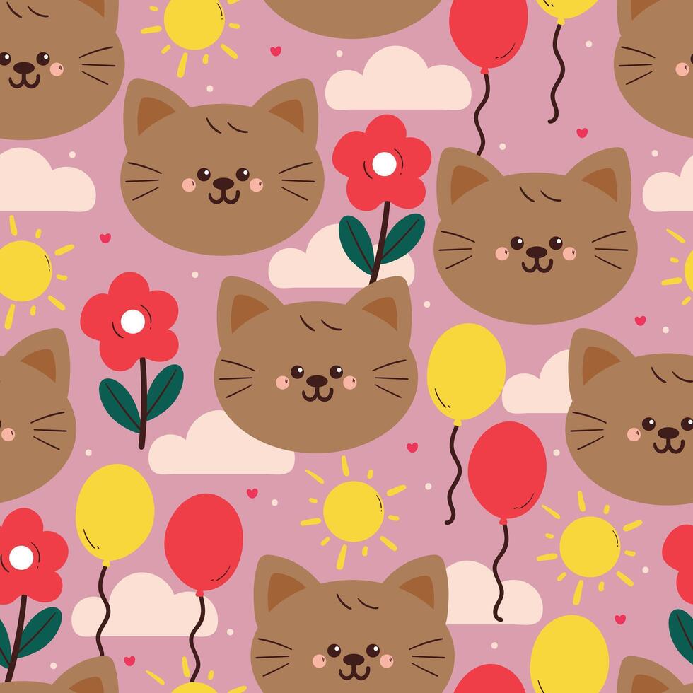 seamless pattern cute cartoon cat with flowers, balloon and sky element. animal drawing for wallpaper and gift wrap paper vector