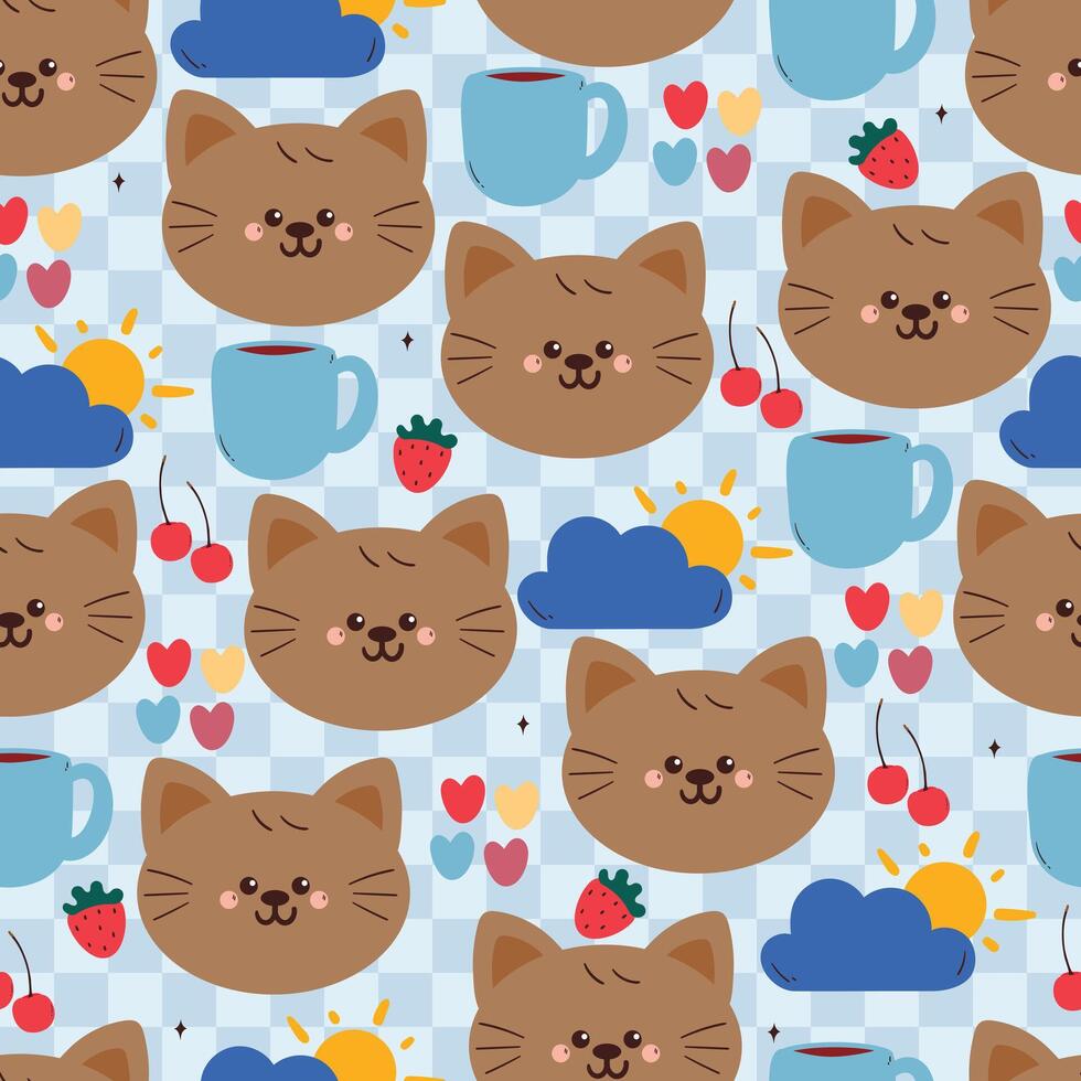 seamless pattern cute cartoon cat with cups and clouds. animal drawing for wallpaper and gift wrap paper vector