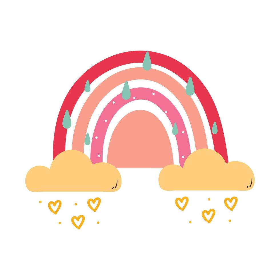 cute hand drawing cartoon pink boho rainbow with yellow clouds and orange hear shower. cute sky element sticker vector