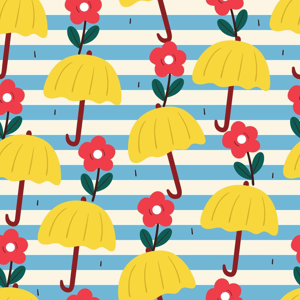 cute seamless pattern with cartoon drawing umbrella and flowers with blue and white background vector