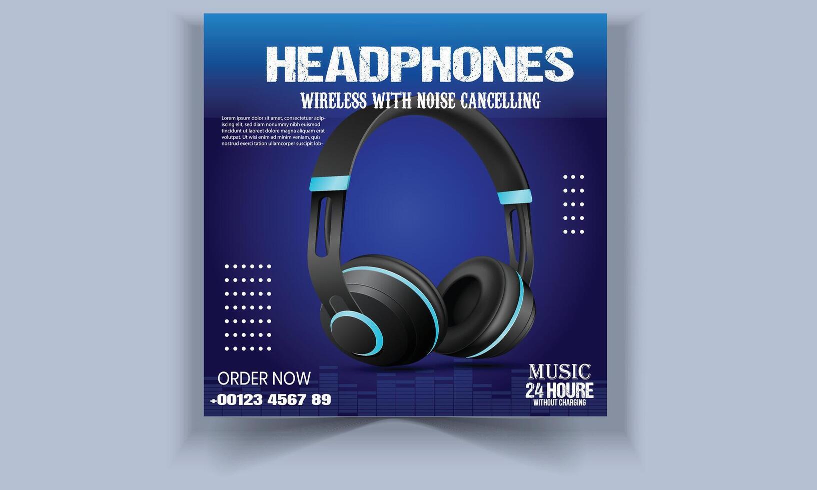 Turquoise headphones on vibrant blue background, ample copy space, audio, clean vector