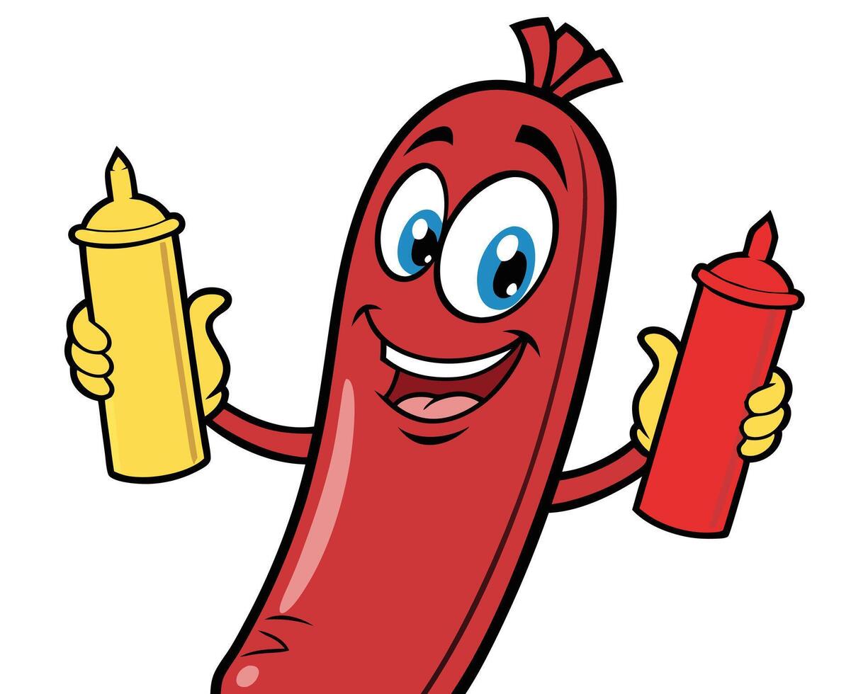 Cheerful cartoon hot dog character holding mustard and ketchup bottles ready for a cookout vector